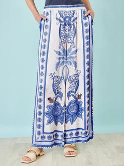 Yumi Satin Print Placement Relaxed Trousers, Blue/Multi - view 2, Blue/Multi