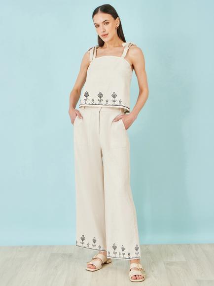 Yumi Linen Blend Embroirdered Wide Leg Trousers, Ivory, Ivory