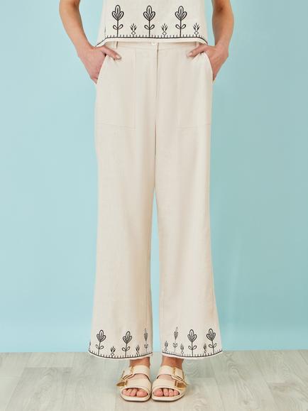 Yumi Linen Blend Embroirdered Wide Leg Trousers, Ivory - view 2, Ivory