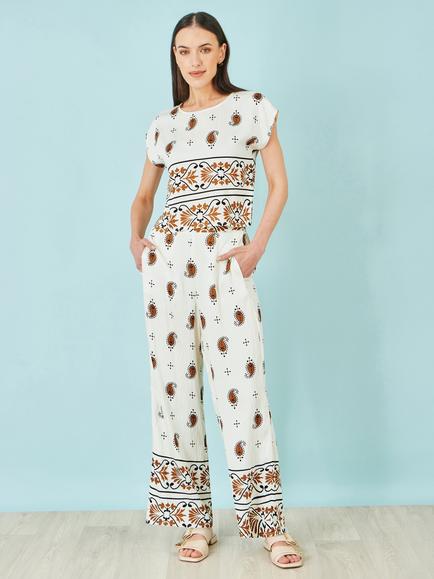 Yumi Paisley Print Wide Leg Trousers, Ivory/Multi, Ivory/Multi
