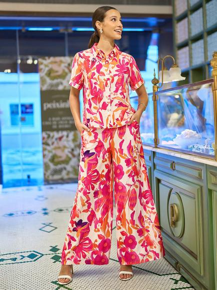 Yumi Abstract Floral Wide Leg Trousers, Pink/Multi, Pink/Multi