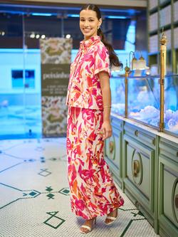 Yumi Abstract Floral Wide Leg Trousers, Pink/Multi - view 2, Pink/Multi