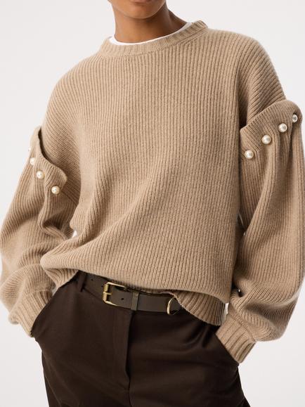 AKYN Yuki Wool Blend Ribbed Knit Faux Pearl Jumper, Oatmeal, Oatmeal