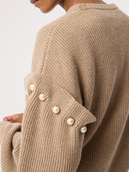 AKYN Yuki Wool Blend Ribbed Knit Faux Pearl Jumper, Oatmeal - view 2, Oatmeal