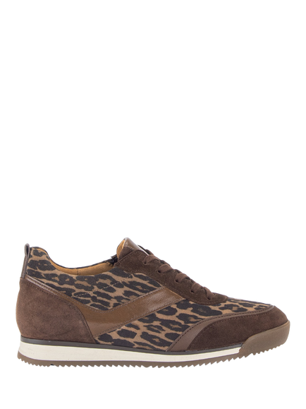 Gabor Secret Wide Fit Suede Leopard Print Trainers, Cacao, Cacao