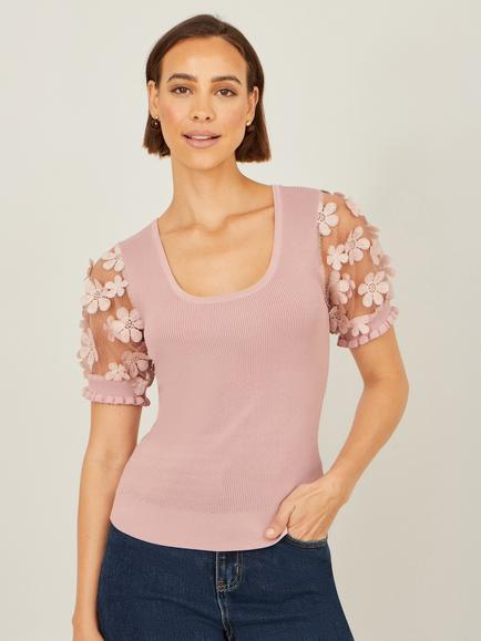 Yumi Floral Applique Knitted Top, Blush, Blush