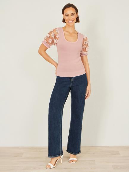 Yumi Floral Applique Knitted Top, Blush - view 2, Blush