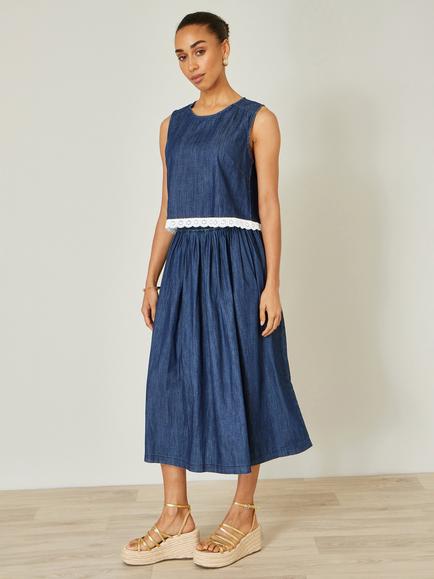 Yumi Cotton Chambray Lace Trim Sleeveless Top, Blue, Blue