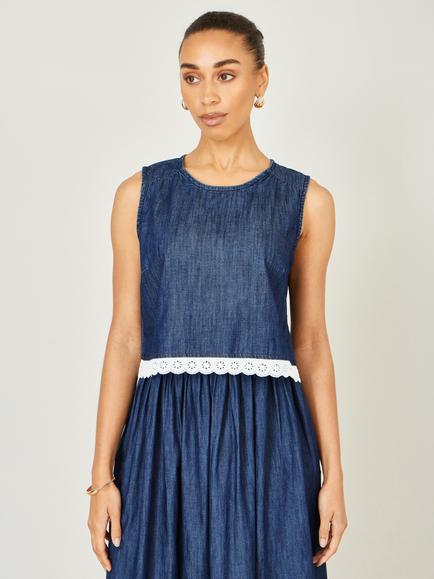 Yumi Cotton Chambray Lace Trim Sleeveless Top, Blue - view 2, Blue