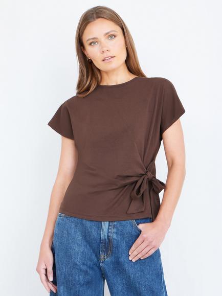 Yumi Cotton Jersey Knot Detail Cap Sleeve Top, Brown