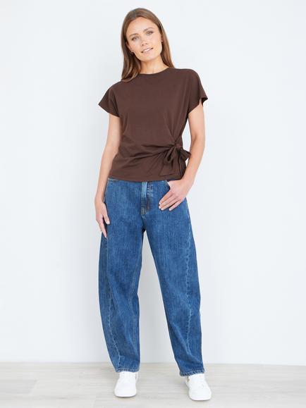 Yumi Cotton Jersey Knot Detail Cap Sleeve Top - view 2, Brown