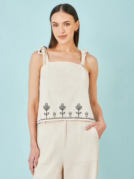 Yumi Square Neck Embroidered Cami Top, Ivory, Ivory