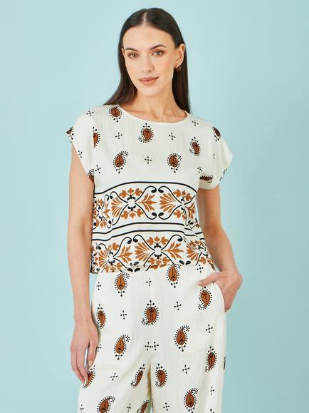 Yumi Paisley Print Short Sleeve Top, Ivory/Multi, Ivory/Multi