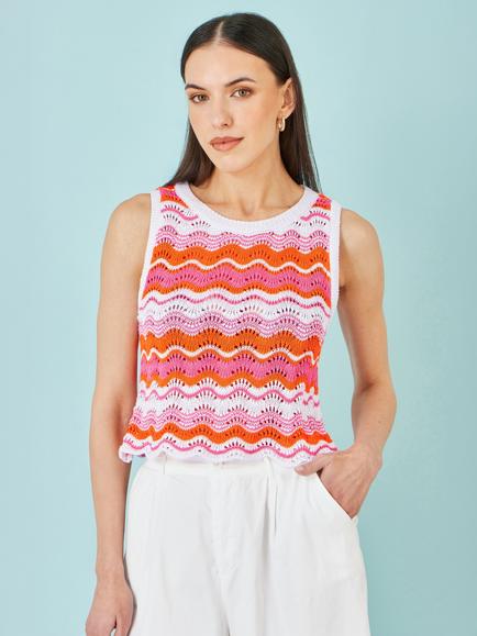 Yumi Stripe Crochet Stripe Vest Top, Multi, Multi