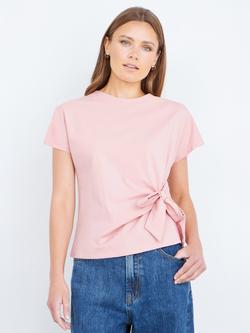 Yumi Cotton Jersey Knot Detail Cap Sleeve Top, Pink