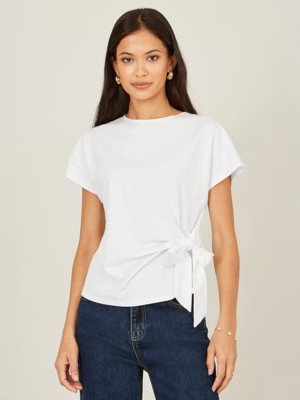 Yumi Cotton Jersey Knot Detail Cap Sleeve Top, White
