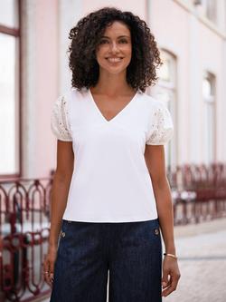 Yumi Cotton Jersey Lace Sleeve T-Shirt, White, White