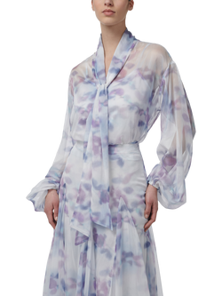 LEEM Blurred Floral Print Scarf Detail Sheer Blouse, Multi, Multi