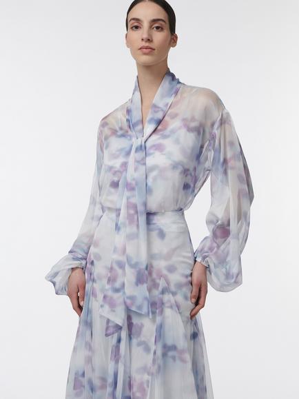 LEEM Blurred Floral Print Scarf Detail Sheer Blouse, Multi, Multi