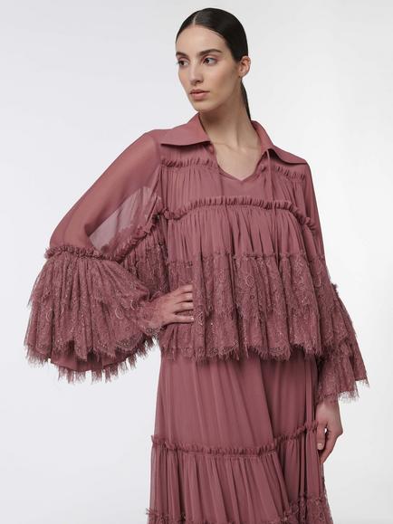 LEEM Neck Tie Lace Blouse, Brown, Brown