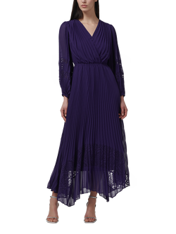 LEEM Lace Detail Balloon Sleeve V-Neck Pleat Maxi Dress, Purple, Purple