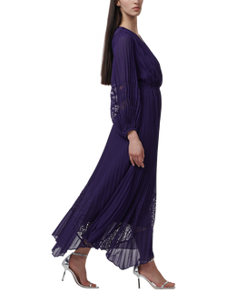 LEEM Lace Detail Balloon Sleeve V-Neck Pleat Maxi Dress, Purple - view 2, Purple