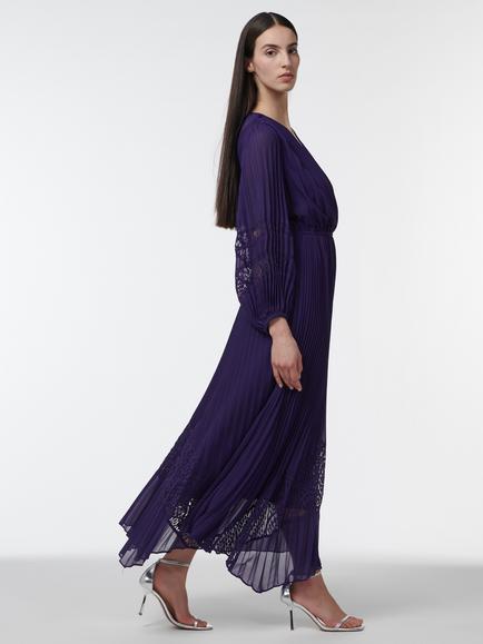 LEEM Lace Detail Balloon Sleeve V-Neck Pleat Maxi Dress, Purple - view 2, Purple
