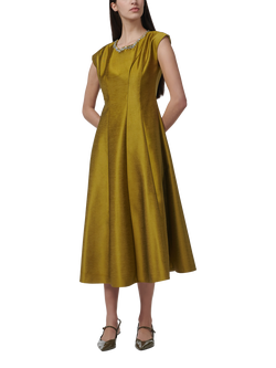 LEEM Embellished Neck Cap Sleeve Satin Fit & Flare Midi Dress, Green, Green