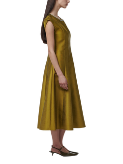 LEEM Embellished Neck Cap Sleeve Satin Fit & Flare Midi Dress, Green - view 2, Green