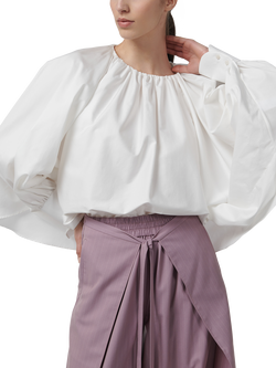 LEEM Wide Sleeve Gathered Cotton Blouse, White, White