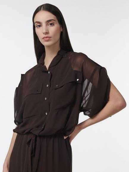LEEM Sheer Short Sleeve Military Blouse, Brown, Brown