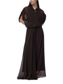 LEEM Sheer Short Sleeve Military Blouse, Brown - view 2, Brown