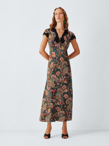 John Lewis x RIXO Amari Floral Leopard Print Midi Dress, Natural/Multi, Natural Multi