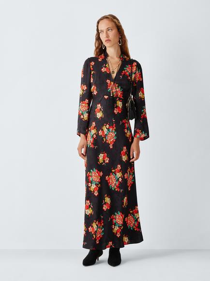 John Lewis x RIXO Dona Floral Print Maxi Dress, Black/Multi, Black/Multi
