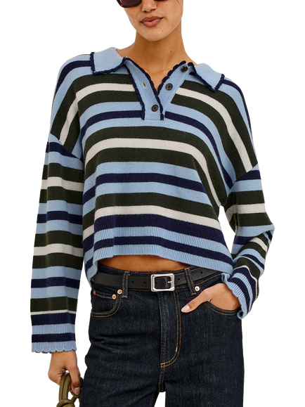 Rails Delora Striped Merino Wool Knit Rugby Jumper, Blue/Green/White, Blue/Green/White