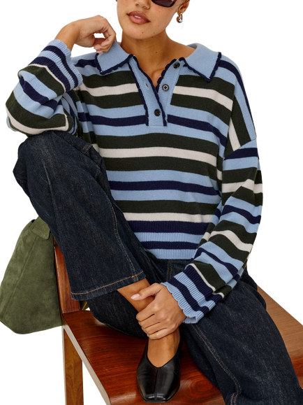 Rails Delora Striped Merino Wool Knit Rugby Jumper, Blue/Green/White - view 2, Blue/Green/White