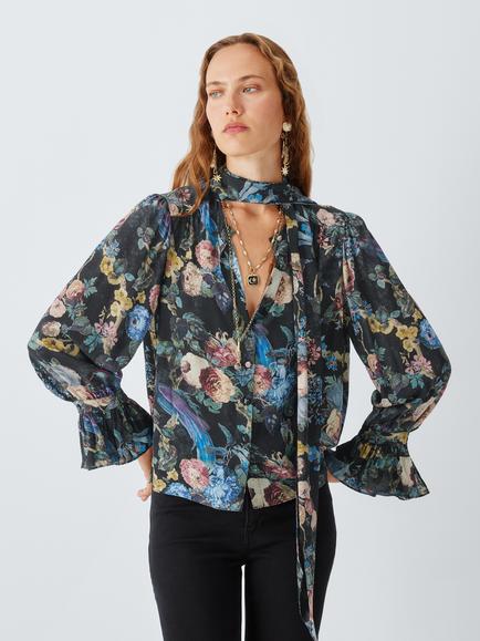 John Lewis x RIXO Evanora Tie Neck Floral Print Blouse, Multi, Multi