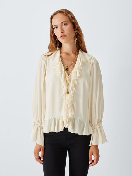 John Lewis x RIXO Tracye Ruffle Detail Blouse, Ivory, Ivory