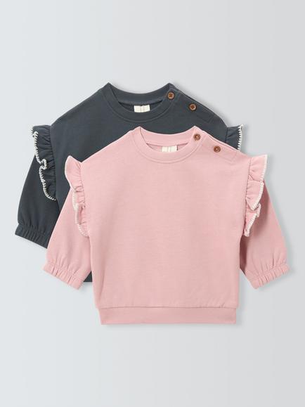 John Lewis Baby Frill Sweatshirt, Pack of 2, Pink/Polkadot, Pink/Polkadot