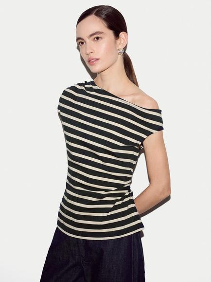 Jigsaw Stripe Asymmetric Neck Top, Navy