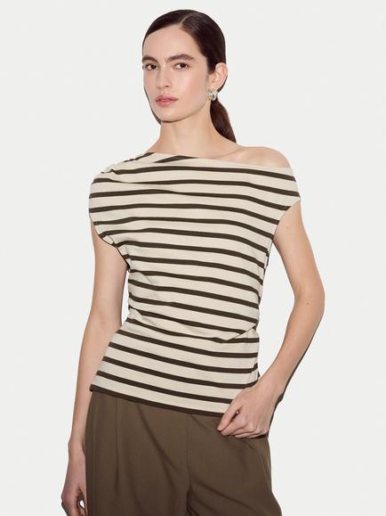 Jigsaw Stripe Asymmetric Neck Top, Khaki