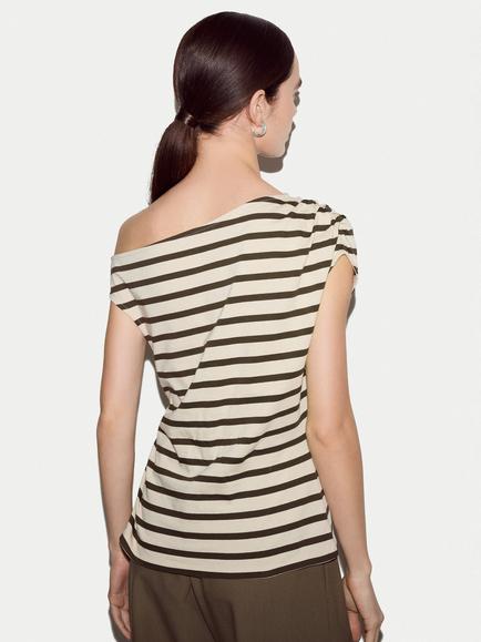 Jigsaw Stripe Asymmetric Neck Top - view 2, Khaki