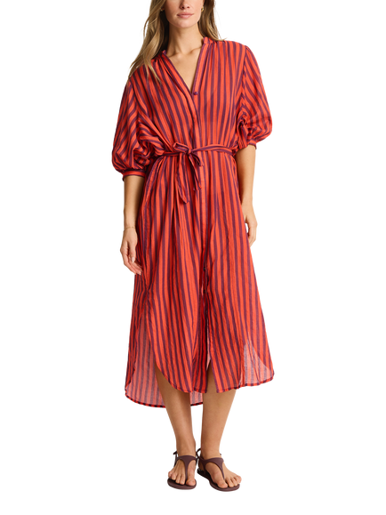 Sea Level Vacay Boho Long Shirt Dress, Spice Red