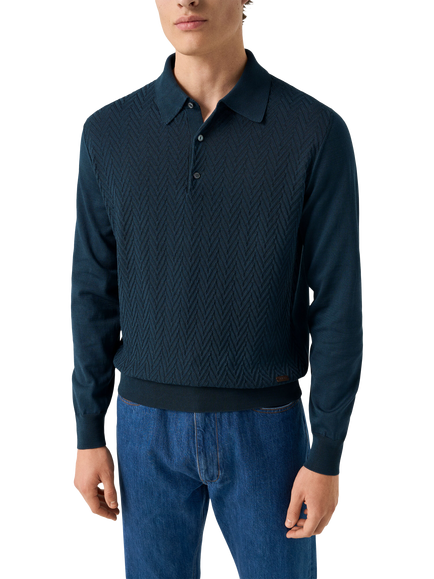 Eton Structured Cotton Knit Polo Shirt, Blue, Blue