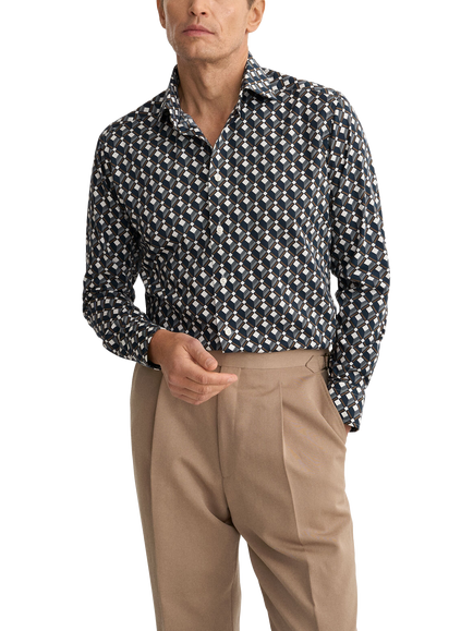 Eton Geometric Print Cotton Blend Shirt, Navy Blue, Navy Blue