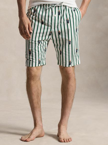 Ralph Lauren Cotton Bear Stripe Pyjama Shorts, Green Mid, Green Mid