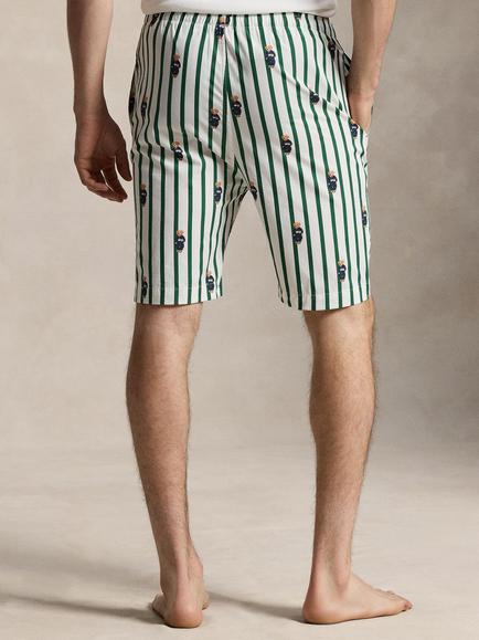 Ralph Lauren Cotton Bear Stripe Pyjama Shorts, Green Mid - view 2, Green Mid