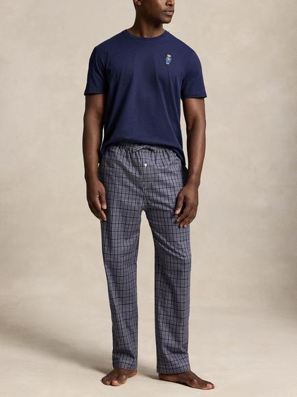Ralph Lauren Cotton Short Sleeve Bear Top & Plaid Trousers Pyjama Set, Blue Navy, Blue Navy