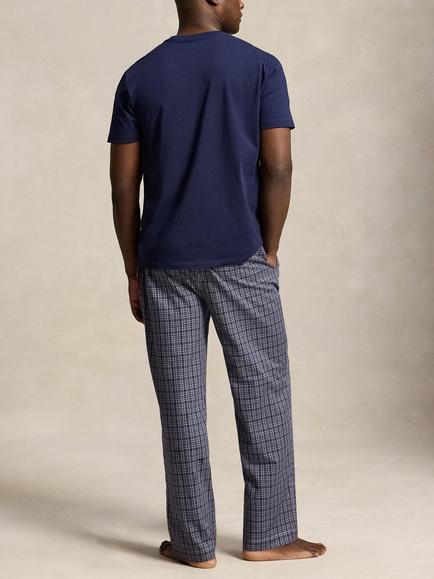 Ralph Lauren Cotton Short Sleeve Bear Top & Plaid Trousers Pyjama Set, Blue Navy - view 2, Blue Navy