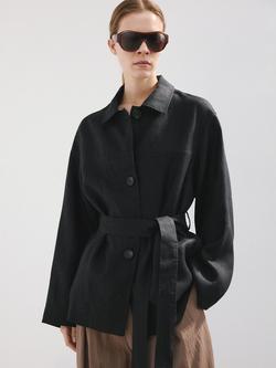Mango Pure Linen Tie Waist Jacket, Black, Black